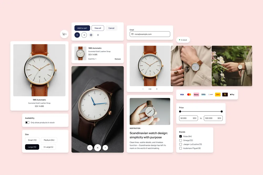UI components and product cards from a modern e-commerce interface – illustrating Enode’s approach to clean and consistent interface design.