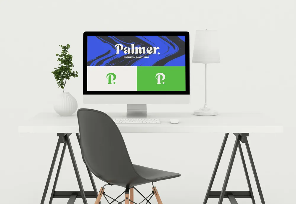 Computer screen displaying a brand logo and color palette, representing Enode’s work with visual identity and digital branding.