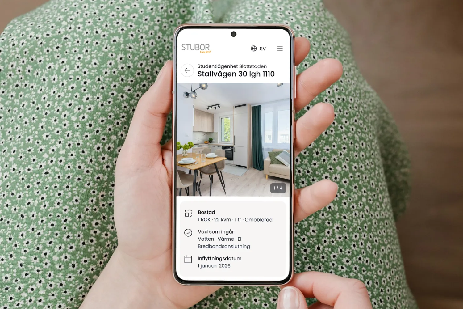 Mobilvy av Stubors webbplats där en studentlägenhet visas med bild, bostadsinformation och inflyttningsdatum.