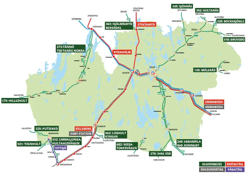Karta med hållplatser i angränsande län