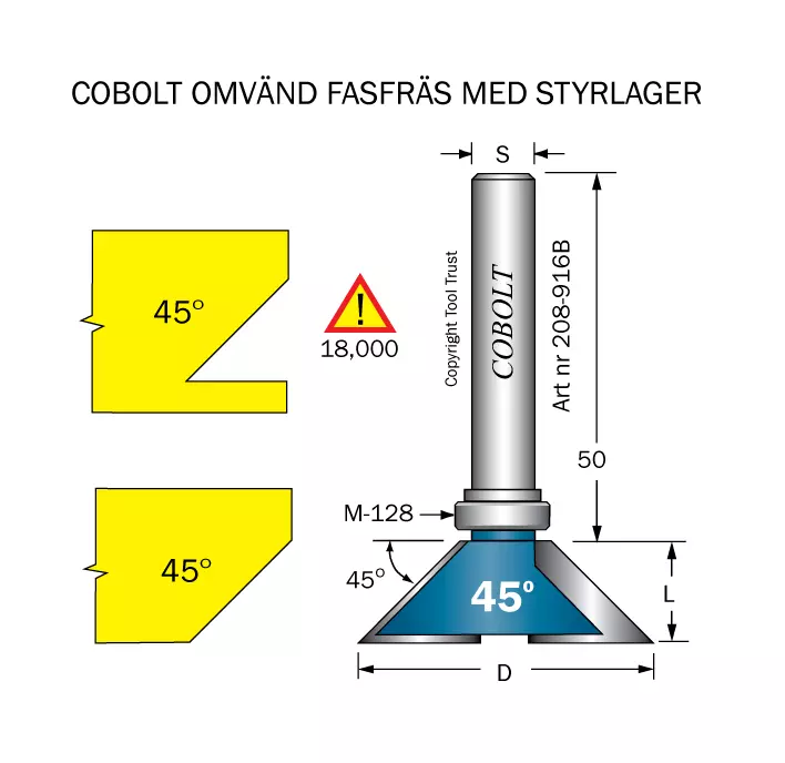Omvänd fasfräs 45° L=13 D=38 S=8 Cobolt®