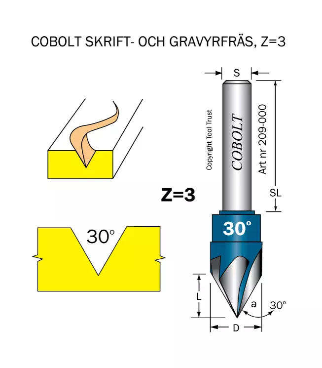 Skriftfräs 30° Z=3 L=12 D=15 S=8 Cobolt®
