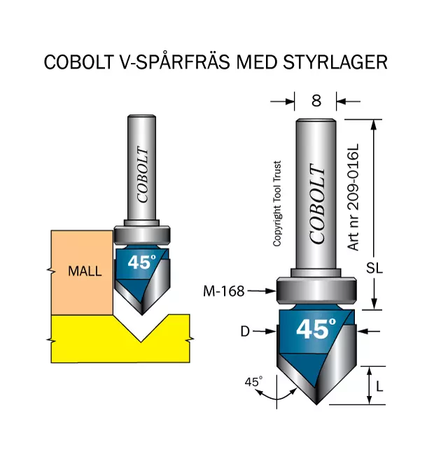 Mallfräs V-spår 45° D=16 L=8 S=8 Cobolt®