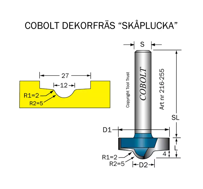 Dekorfräs D=25 R1=5 R2=2 L=10 S=8 Cobolt®