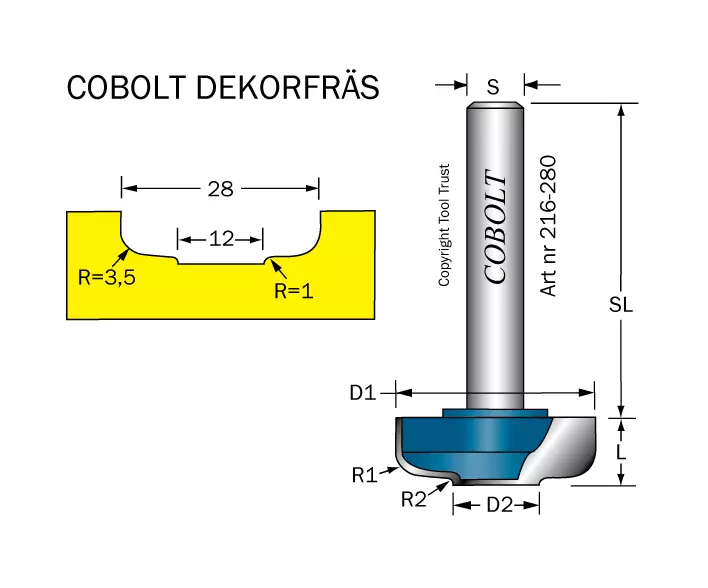 Dekorfräs D1=28 D2=12 R1=3.5 R2=1 Cobolt®
