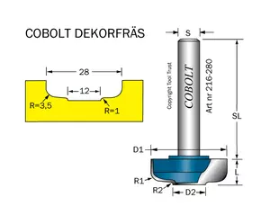 Dekorfräs D1=28 D2=12 R1=3.5 R2=1 Cobolt®