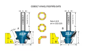 Vinkelfogfräs-sats 22.5° L=19 S=8 Cobolt®