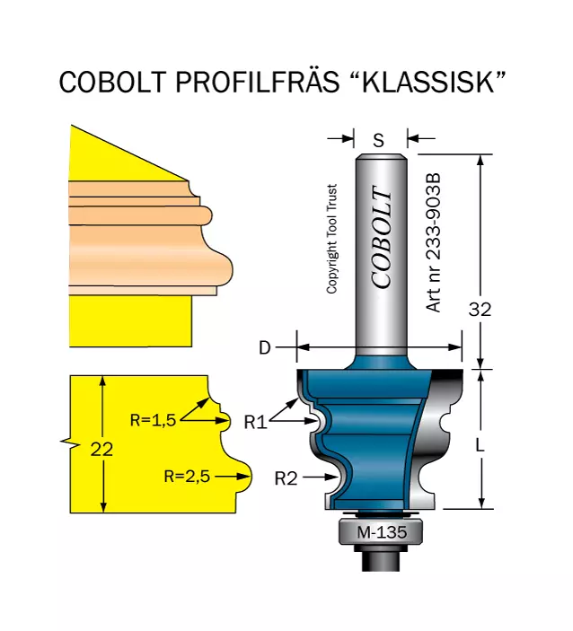 Kantprofilfräs R1=1.5 R2=2.5 D=26 L=22 Cobolt®