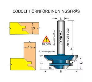 Hörnförbindningsfräs 45° L=13 D=38 S=8 Cobolt®