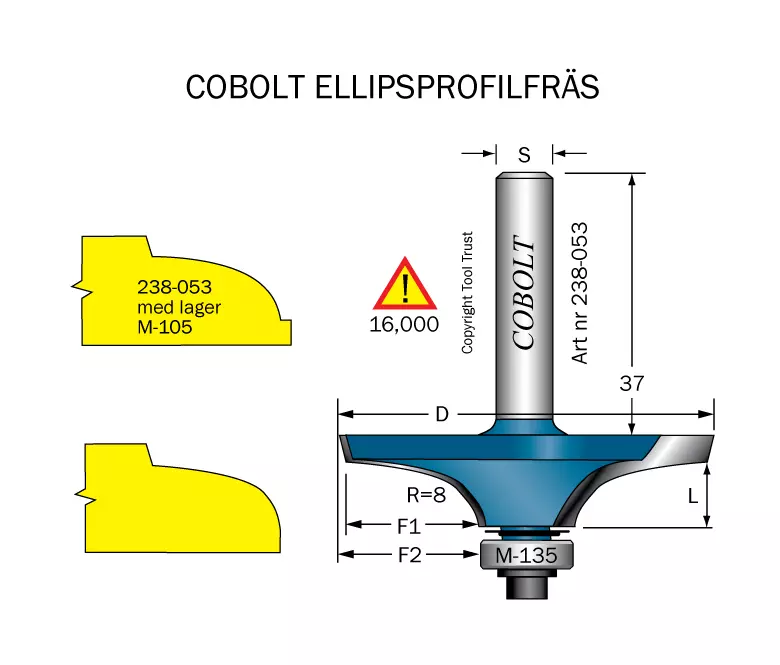 Ellipsprofilfräs R=8 L=15 D=53 S=8 Cobolt®