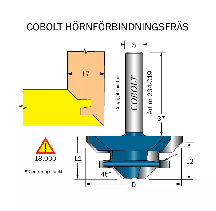 Hörnförbindningsfräs 45° L=19 D=44 S=8 Cobolt®