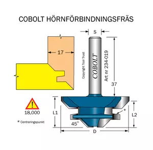 Hörnförbindningsfräs 45° L=19 D=44 S=8 Cobolt®