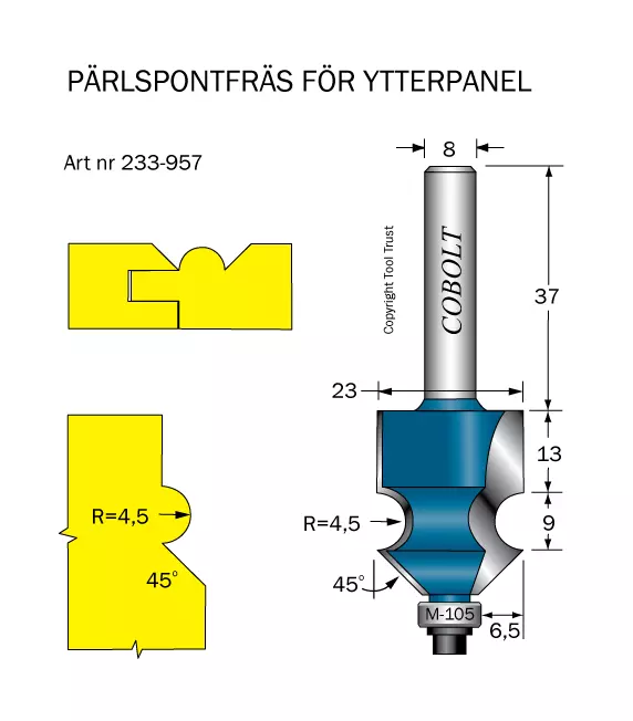 Pärlspontfräs R=4.5 45° L=29 D=23 Cobolt®
