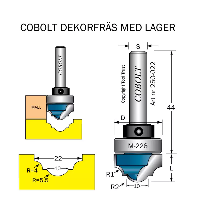 Spegeldekorfräs D1=22 D2=10 R1=4 R2=5.5 Cobolt®