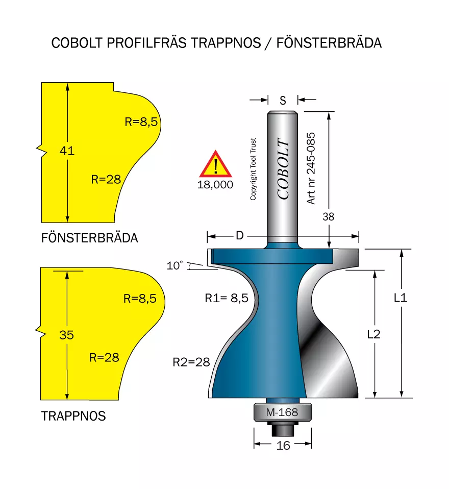 Fräs Trappnos / Fönsterbräda S=8 Cobolt®