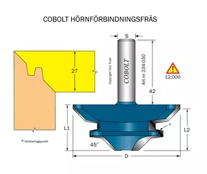 Hörnförbindningsfräs 45° L=30 D=70 S=12 Cobolt®