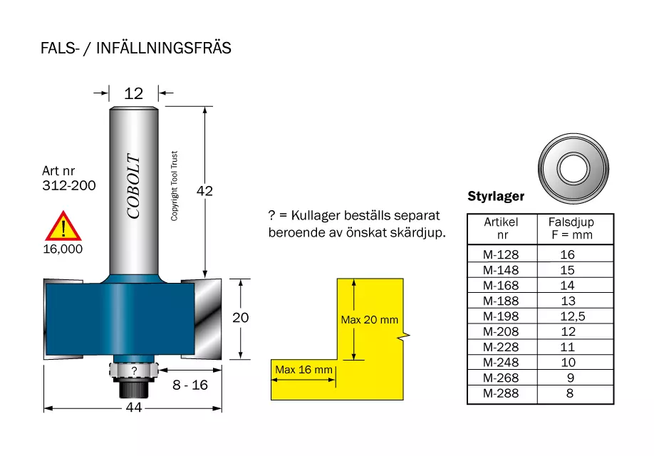 Falsfräs L=20 F=8-16 D=44 S=12 Cobolt®