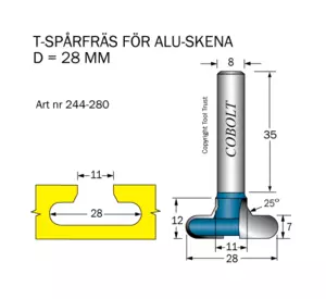 T-Spårfräs D1=28 D2=11 R=3.5 L=12 S=8 Cobolt®