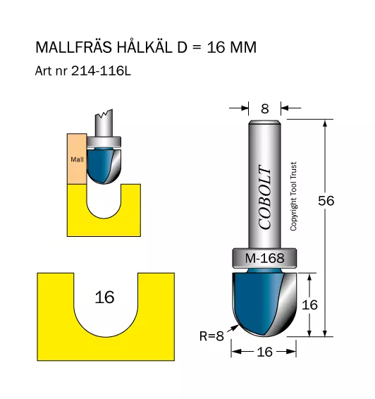 Mallfräs Hålkäl R=8 D=16 L=16 Cobolt®