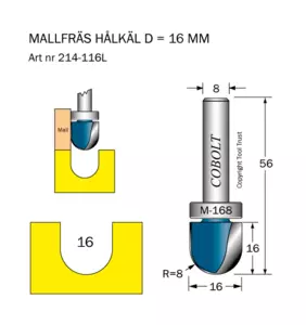 Mallfräs Hålkäl R=8 D=16 L=16 Cobolt®
