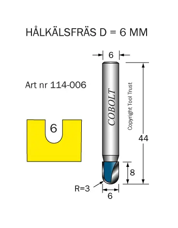 Hålkälsfräs R=3 D=6 L=8 TL=44 S=6 Cobolt