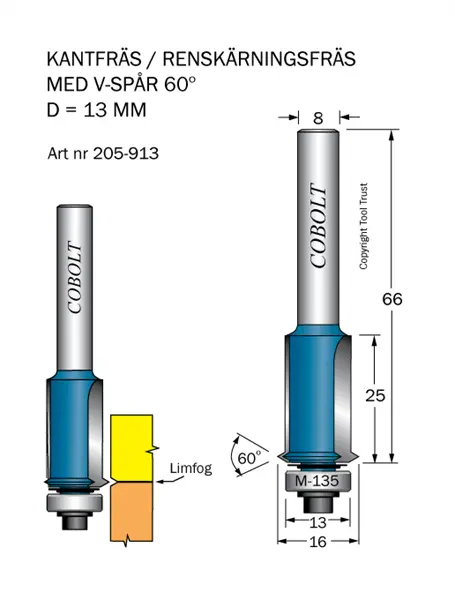 Kantfräs m V-spår D=13 L=25 S=8 Cobolt®