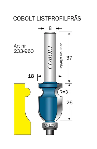 Listprofilfräs D=18 L=26 R=3 S=8 Cobolt®