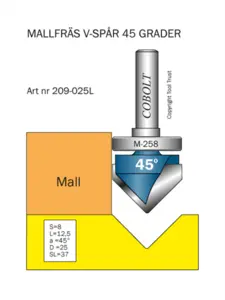 Mallfräs V-spår 45° L=12.5 D=25 S=8