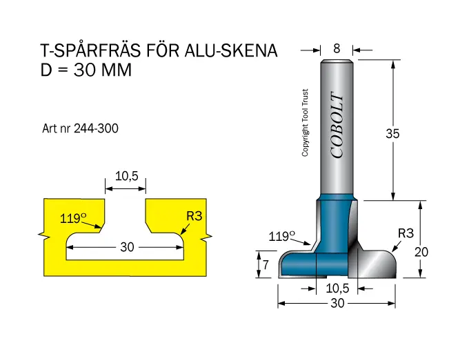 T-Spårfräs D1=30 D2=10.5 R=3 L=20 S=8 Cobolt®