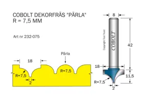 Dekorfräs Pärla D=18 R=7.5 S=8 Cobolt®