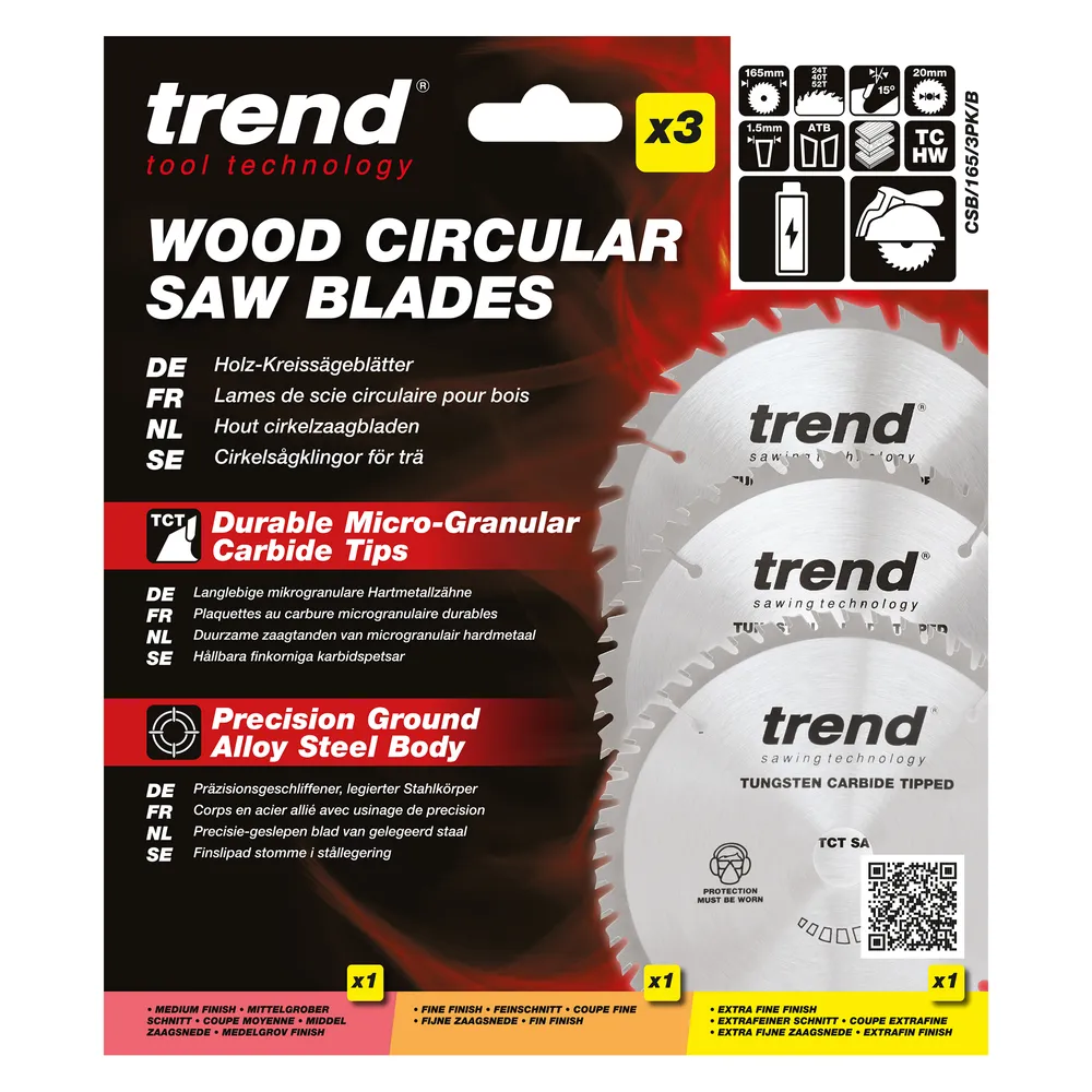 Trend Trä- Batteri- Cirkelsågsklinga 165mm x 20mm x 24/40/52T, 1 x CSB/16524T, 1 x CSB/16540T, 1 x CSB/16552T Set
