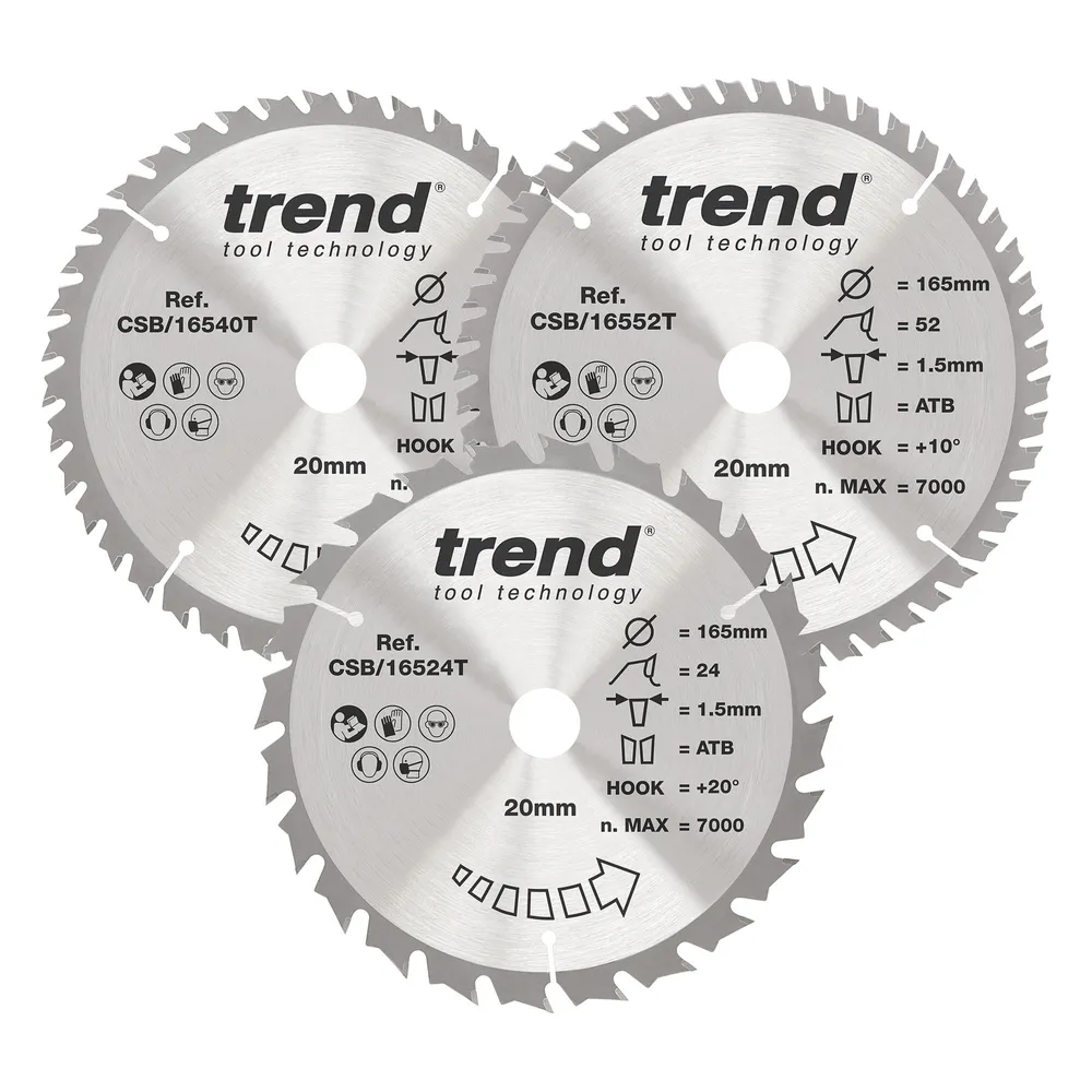 Trend Trä- Batteri- Cirkelsågsklinga 165mm x 20mm x 24/40/52T, 1 x CSB/16524T, 1 x CSB/16540T, 1 x CSB/16552T Set