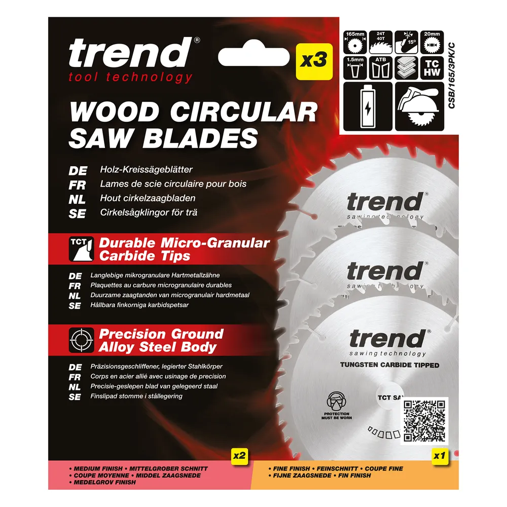 Trend Trä- Batteri- Cirkelsågsklinga 165mm x 20mm x 24/40T, 2 x CSB/16524T, 1 x CSB/16540T Set