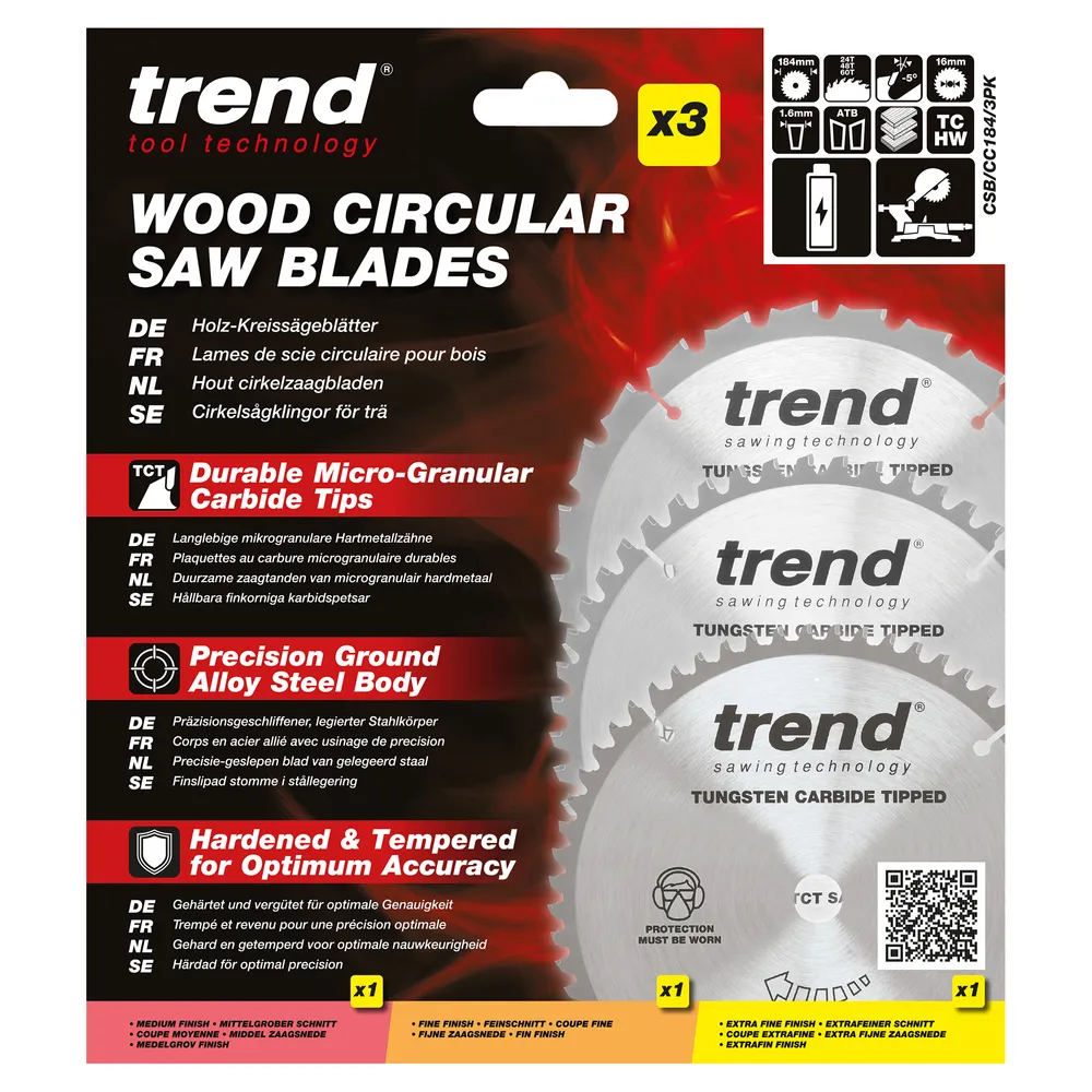 Trend Trä- Batteri- Kap & Gersåg- Sågklinga 184mm x 16mm x 24/48/60T, 1 x CSB/CC18424T, 1 x CSB/CC18448T, 1 x CSB/CC18460T Set