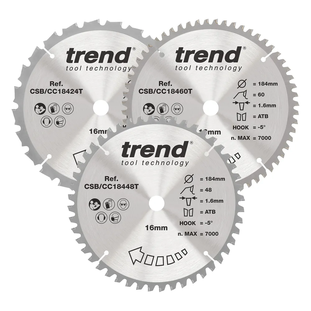 Trend Trä- Batteri- Kap & Gersåg- Sågklinga 184mm x 16mm x 24/48/60T, 1 x CSB/CC18424T, 1 x CSB/CC18448T, 1 x CSB/CC18460T Set