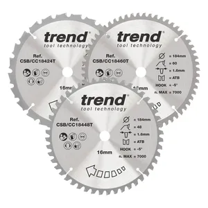 Trend Trä- Batteri- Kap & Gersåg- Sågklinga 184mm x 16mm x 24/48/60T, 1 x CSB/CC18424T, 1 x CSB/CC18448T, 1 x CSB/CC18460T Set