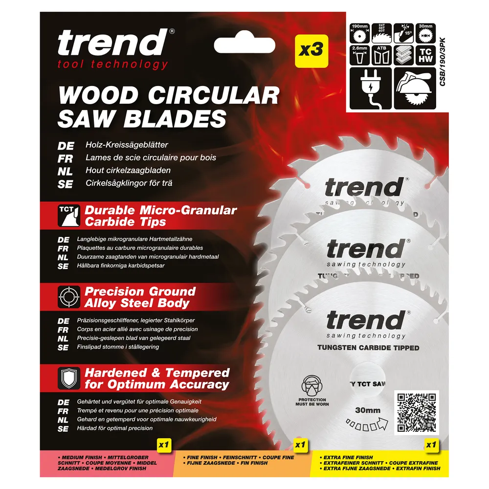 Trend Trä- Cirkelsågsklinga 190mm x 30mm x 24/40/60T, 1 x CSB/19024, 1 x CSB/19040, 1 x CSB/19060 Set