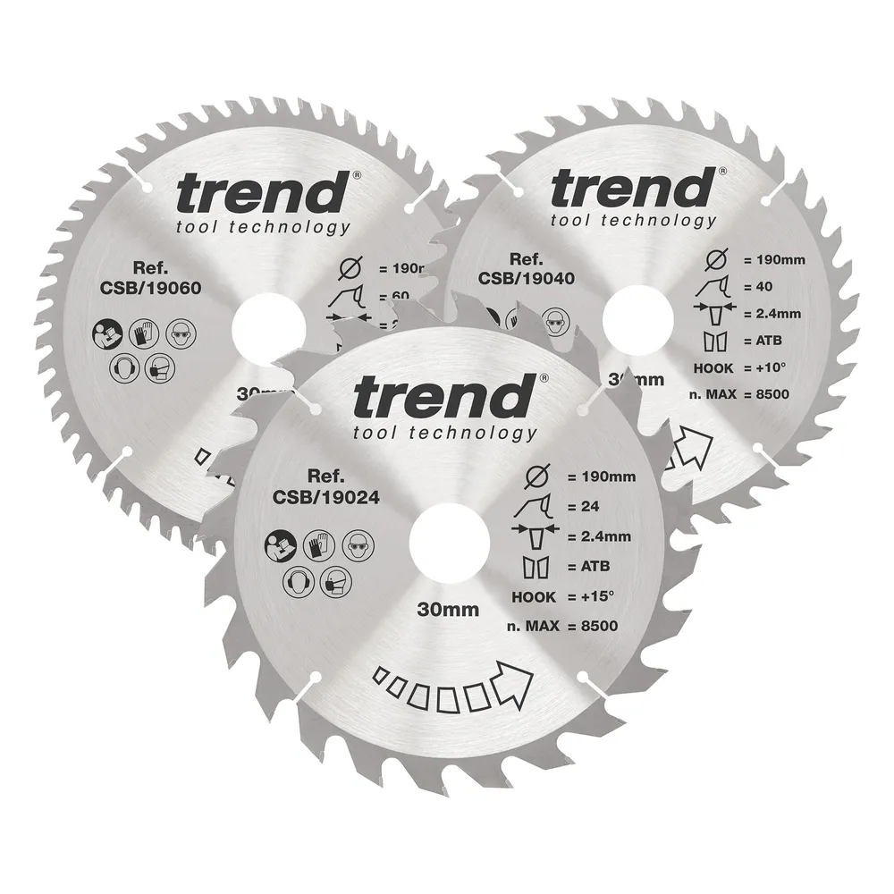 Trend Trä- Cirkelsågsklinga 190mm x 30mm x 24/40/60T, 1 x CSB/19024, 1 x CSB/19040, 1 x CSB/19060 Set