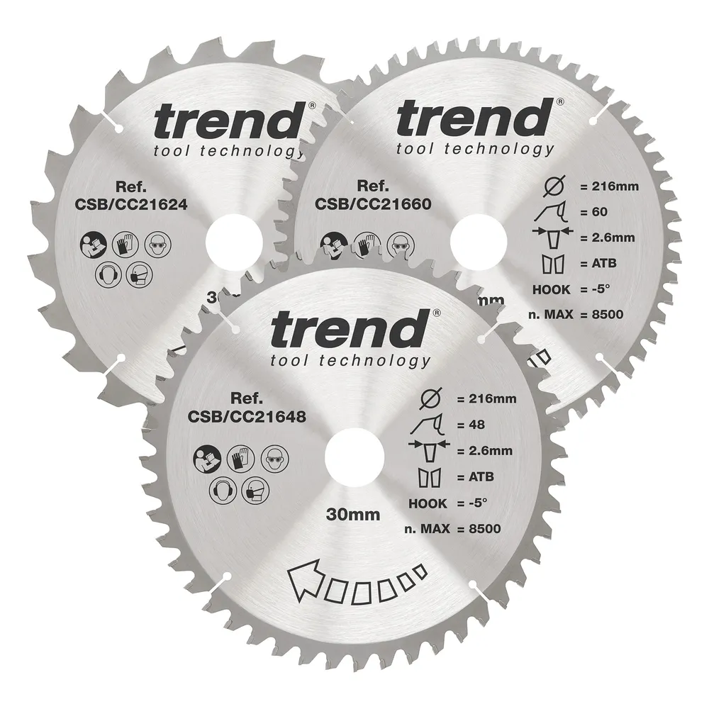 Trend Trä- Kap & Gersåg- Sågklinga 216mm x 30mm x 24/48/60T, 1 x CSB/CC21624, 1 x CSB/CC21648, 1 x CSB/CC21660 Set