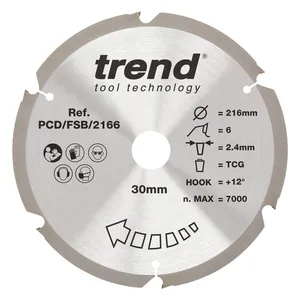 Trend PCD Fibercement- Cirkelsågsklinga 216mm x 30mm x 6T
