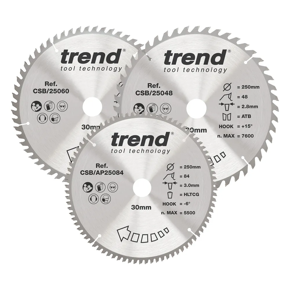 Trend Trä- Cirkelsågsklinga 250mm x 30mm x 48/60/84T, 1 x CSB/25048, 1 x CSB/25060, 1 x CSB/AP25084 Set