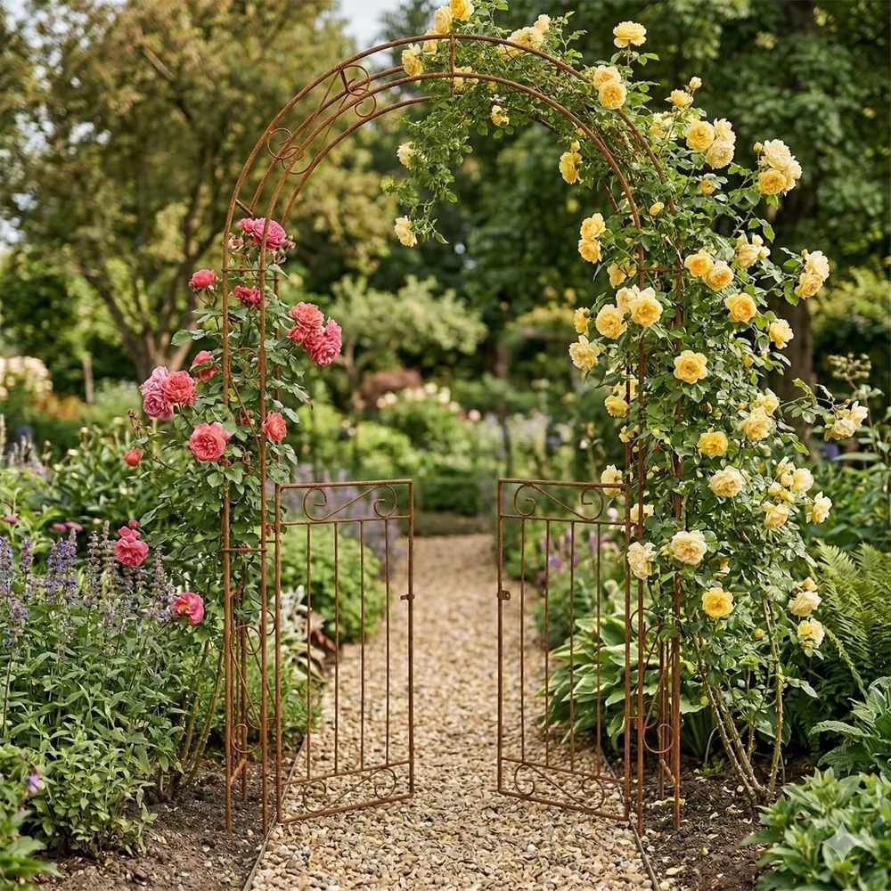 Växtstöd Rosenbåge 2,38 meter med grind, rost