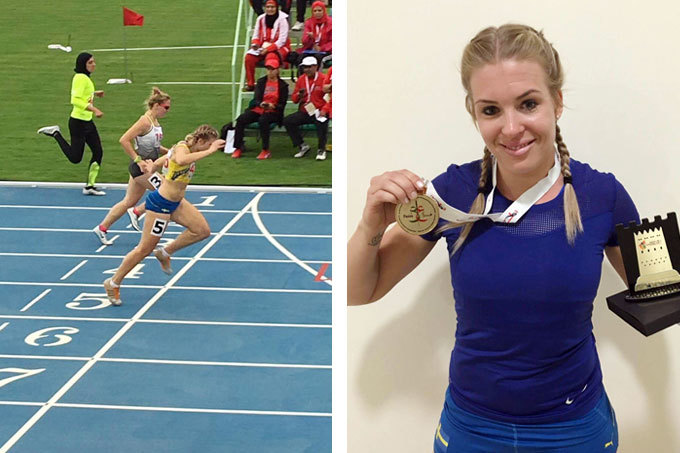 Kollage av två bilder. Den vänstra visar när Nathalie springer över mållinjen som vinnare i en löpartävling. Den högra bilden visar Nathalie med en medalj runt halsen.