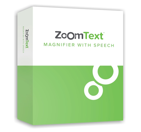 The white and green box with the software ZoomText Magnifier.