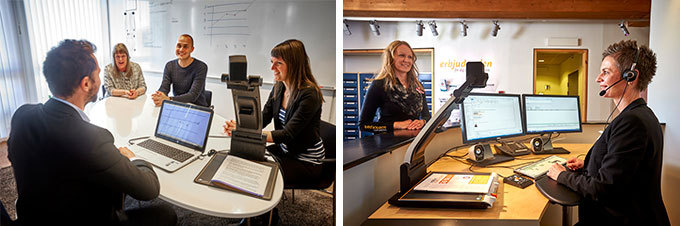 Två bilder där den ena visar en grupp människor som har möte där en av personerna har en dator kopplad till en läskamera. Den andra bilden visar en kvinna arbetandes i en reception som har datorer kopplade till en läskamera.