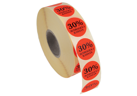 Etikett självhäft. 29mm rund, 30% Avdr.