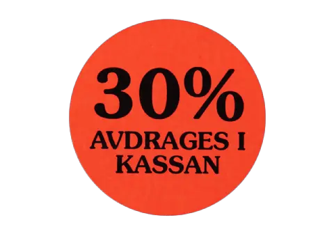 Etikett självhäft. 29mm rund, 30% Avdr.