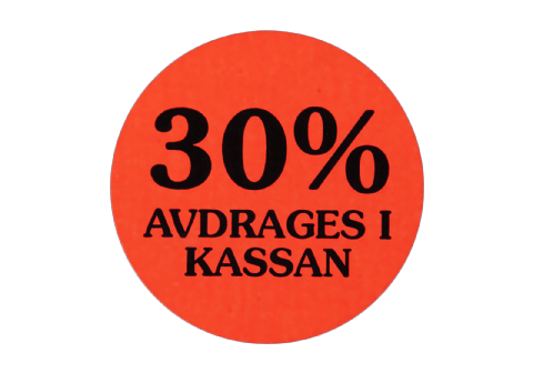 Etikett självhäft. 29mm rund, 30% Avdr.
