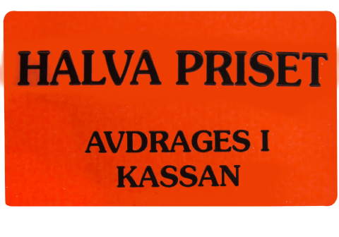 Etikett 50x30 fluor röd halva priset avdr.