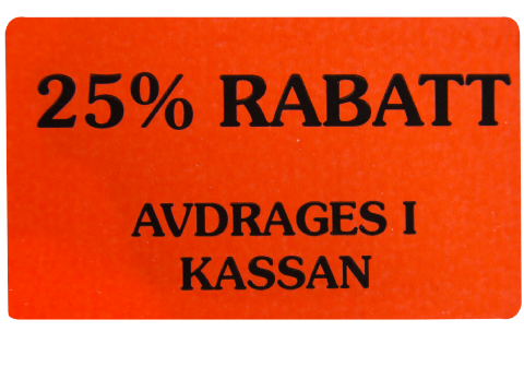 Etikett 50x30 fluor röd 25% rabatt
